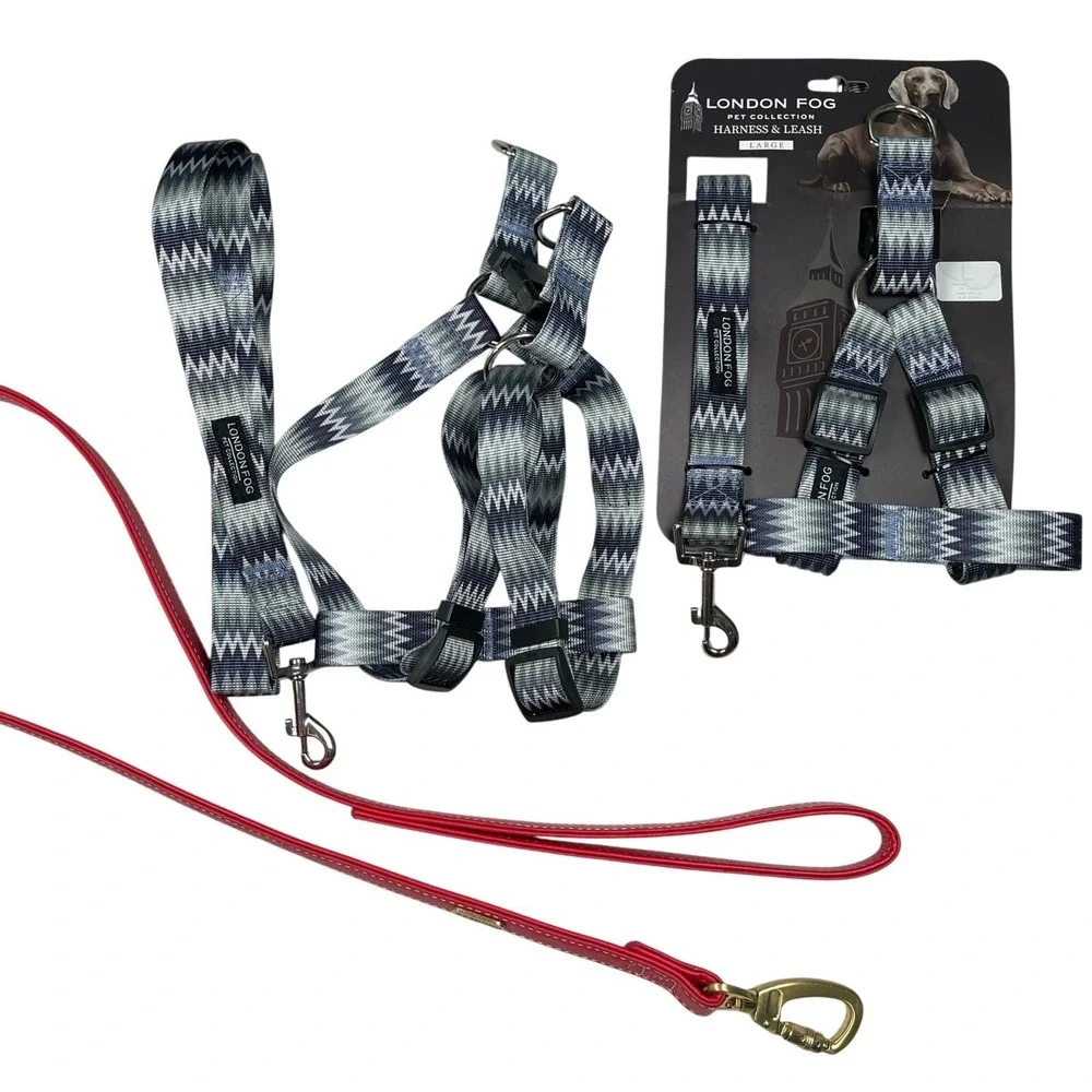 Lot of Dog Leash Harness London Fog Blue Gray Chevron + Dogness Red Faux Leather
